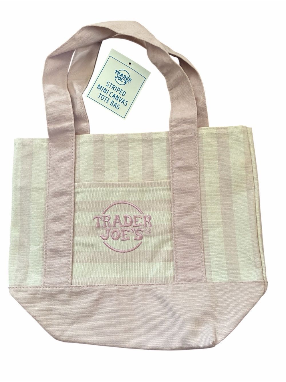 Trader Joe’s Striped Mini Canvas Tote – Pink & Cream Embroidered Logo